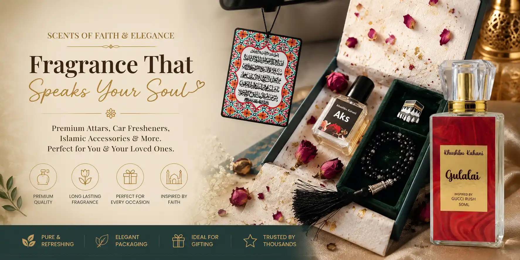 A collection of Khushbu Kahani handcrafted perfume bottles and premium car diffusers on an elegant floral background, representing artisanal fragrances in Pakistan.