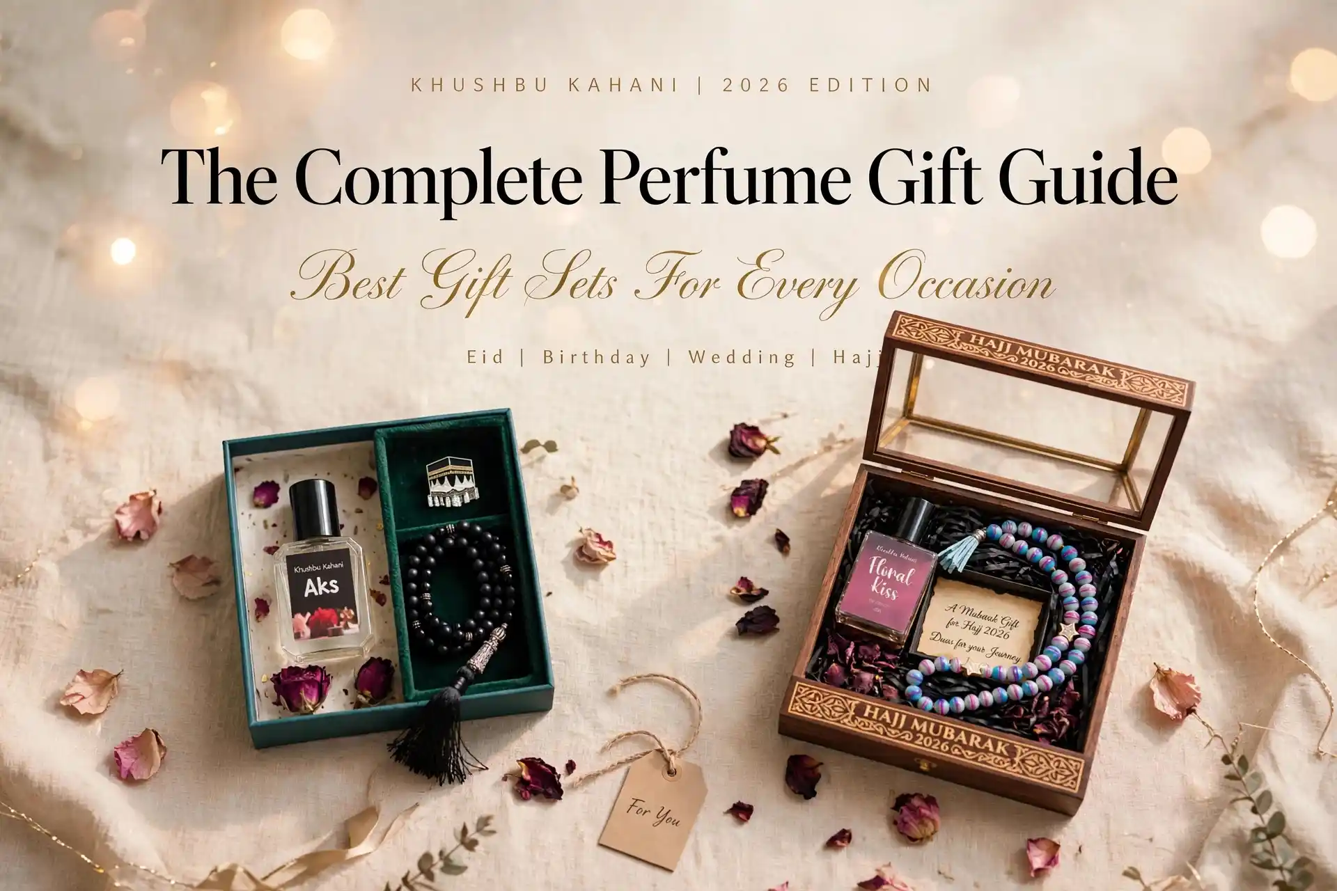 The Complete Perfume Gift Guide Pakistan 2026 featuring Khushbu Kahani best gift sets for every occasion - Gulalai, Noor Zahra, Aks and Floral Kiss Hajj Mubarak 2026 gift boxes for Eid, Birthday, Wedding and Hajj