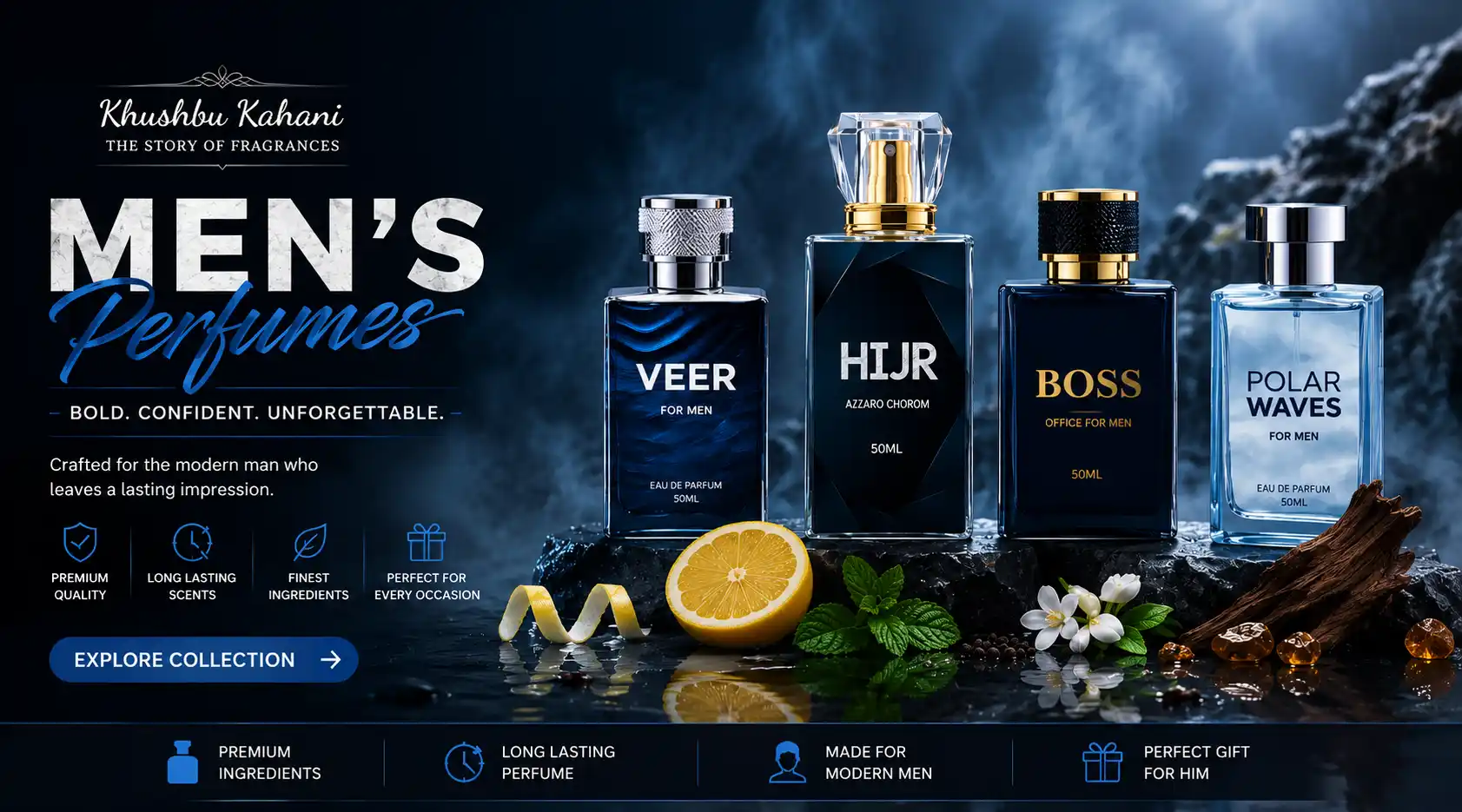 A luxury collection of the best long-lasting perfumes for men displayed on a rustic wooden table in Pakistan.
