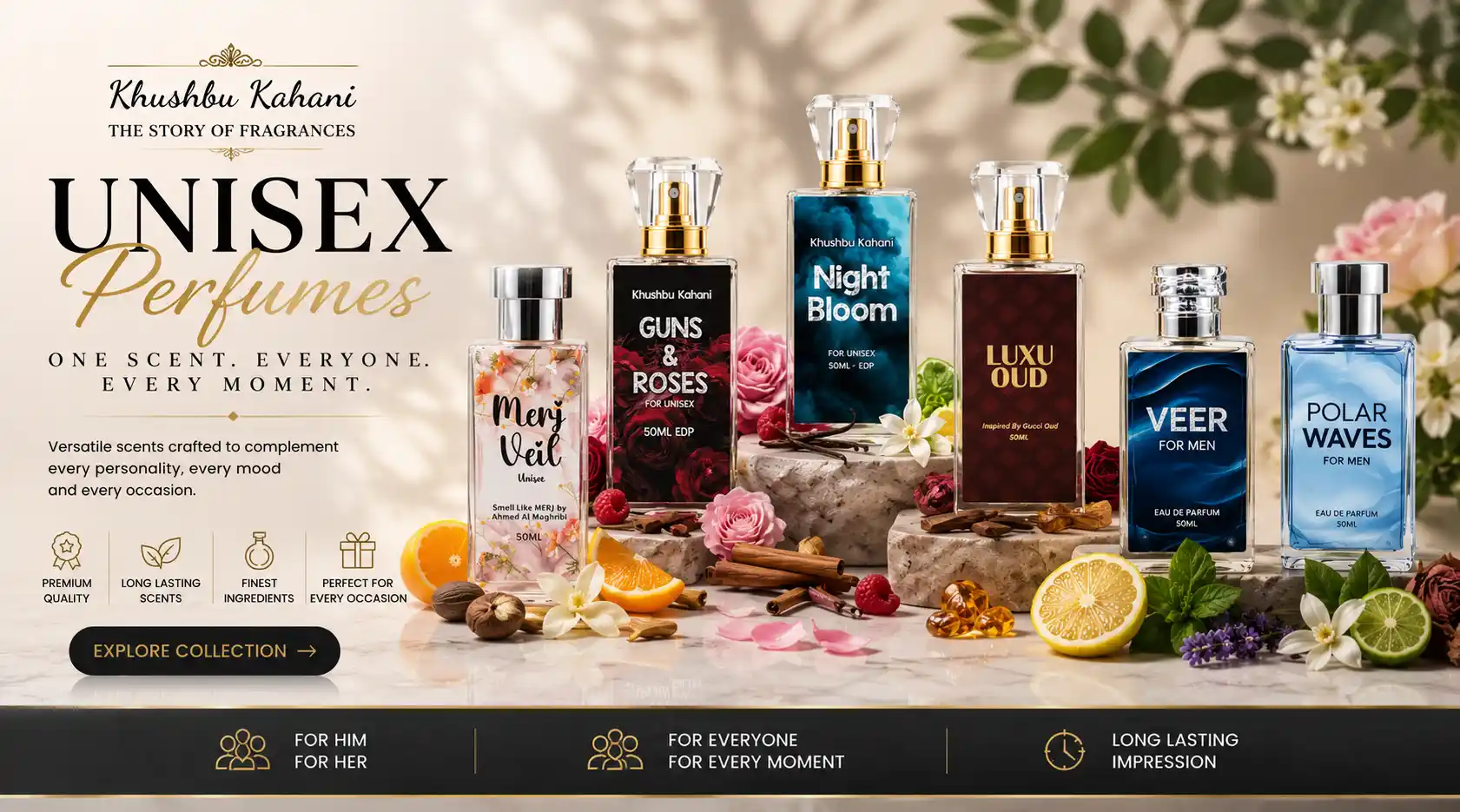 A luxury collection of premium, long-lasting unisex perfumes by Khushbu Kahani displayed elegantly.
