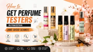 A collection of original perfume testers in Pakistan without retail boxes on a clean background.