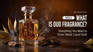 A luxury glass perfume bottle with golden liquid surrounded by agarwood chips representing what is oud fragrance guide