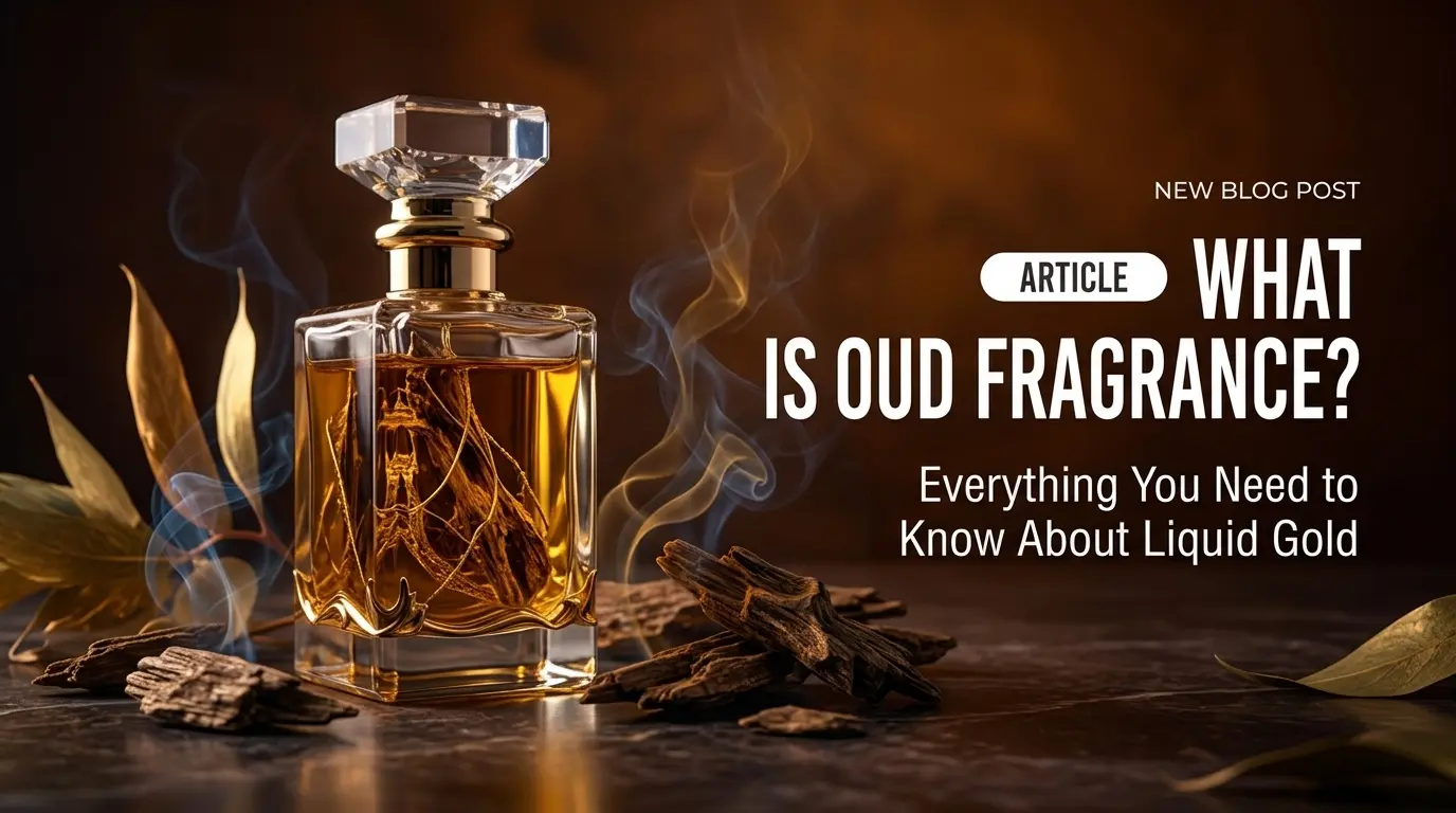 A luxury glass perfume bottle with golden liquid surrounded by agarwood chips representing what is oud fragrance guide
